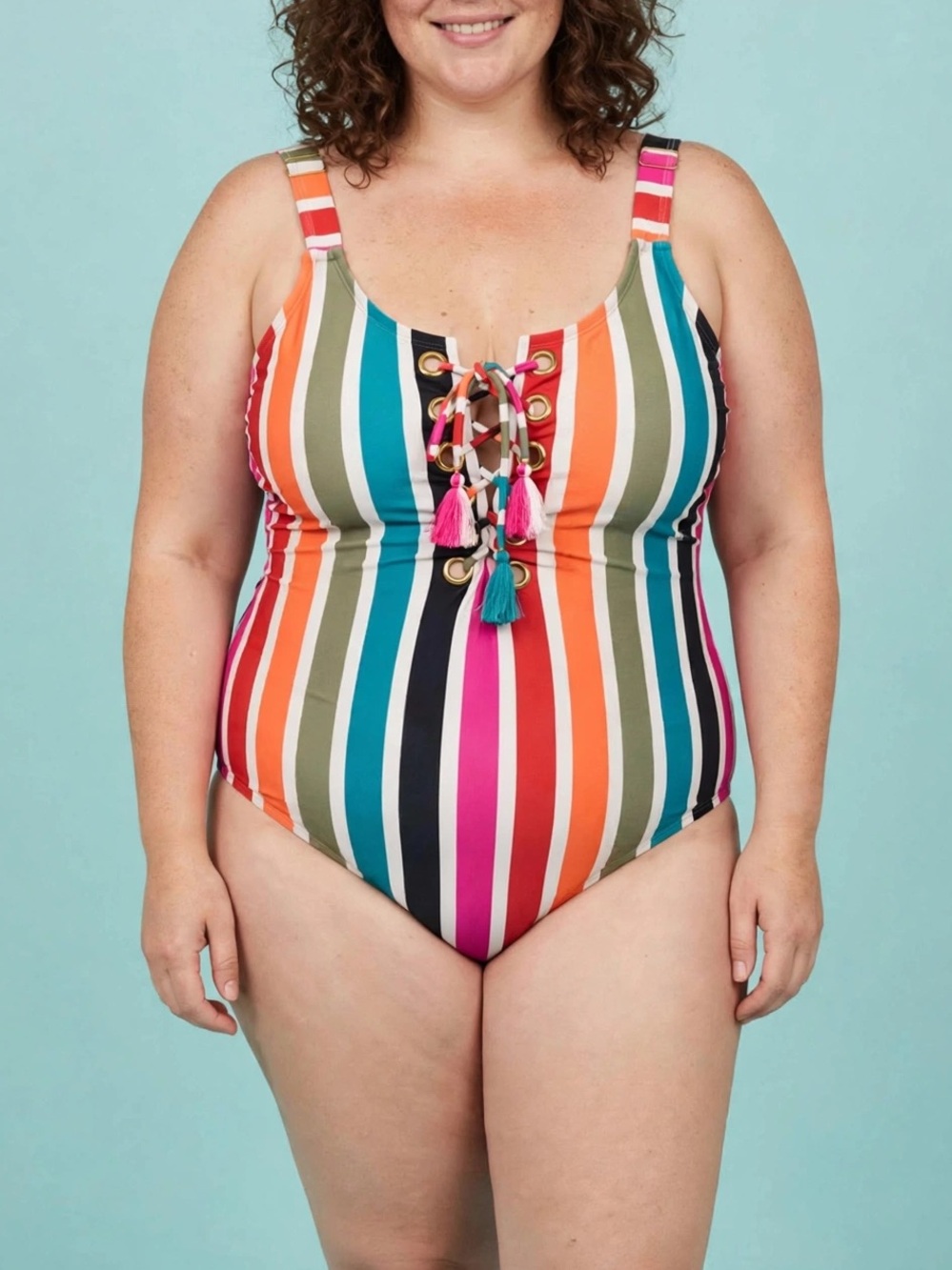 Terra & Sky Multicolor Striped Lace-Up One-Piece Swimsuit size 0X